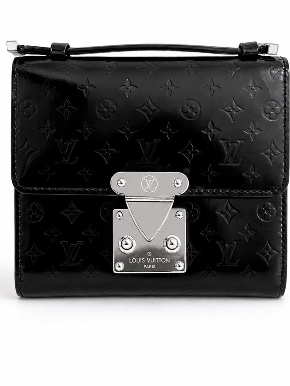 Louis Vuitton Anouchka PM Wallet Clutch Black Monogram Patent Leather Silver Har